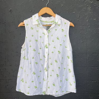 80s/90s Linen Palm Tree Sleeveless Blouse