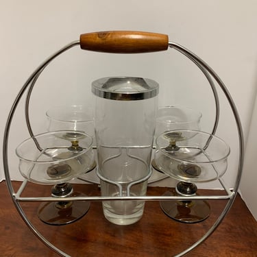 Mid-Century Chrome and Wood Cocktail Set with Caddy 