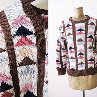 Vintage 80s Hand Knit Sweater S - 1980s Triangle Print Patterned Pullover Jumper - Pink Brown Blue Cottagecore Cozy Sweater 