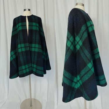 Vintage Wool Cape Coat in Blue and Green Plaid 
