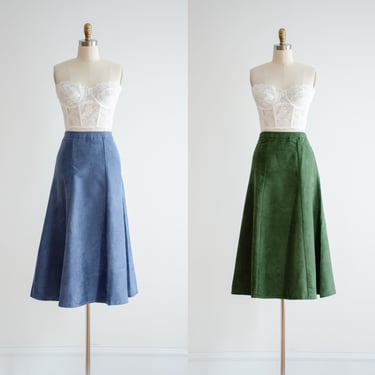 vegan suede midi skirt | 90s vintage dark green blue microsuede faux leather fit and flare skirt 