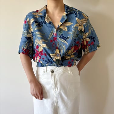 vintage blouse floral vintage shirt vintage top blue red brown 90s retro vintage style silky shirt secretary blouse Made in USA size L 