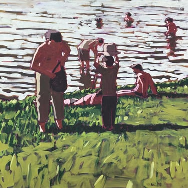 People at Lake - Original Acrylic Painting on Canvas 30 x 30, large, lake, river, water, sunbathers, michael van, summer, fine art, green 