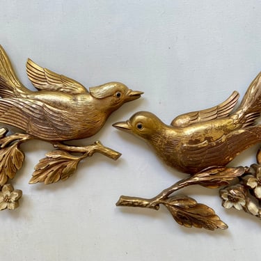 Mid Century Modern Syroco Gold Tone Birds On Cherry Tree Branches, Set Of Two, 7057, 7058, Bird Wall Hangings, Bird Plaques 