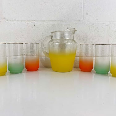 Vintage Blendo Style Orange Yellow Green Glasses Ombre Frosted Mid-Century Barware Glass Drinkware Party Pitcher Set Cocktail 1960s 