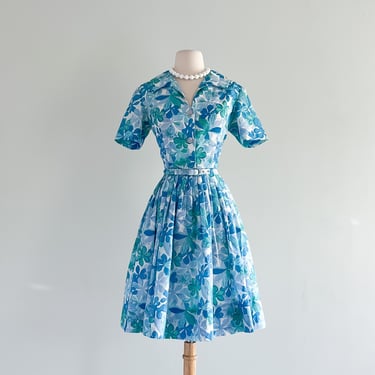 Adorable 1950's Floral Island Print Shirt Dress / Sz SM