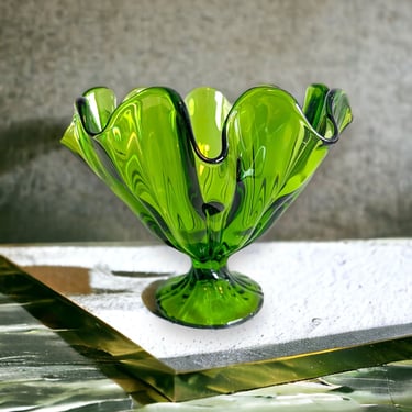 Vintage L.E. Smith Glass Simplicity Green Footed Bowl Mid Century Modern 