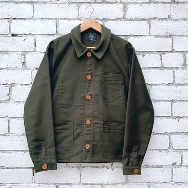 Made In England Moleskin Cotton Chore French Workwear Jacket - Racing Green- Wooden Buttons 