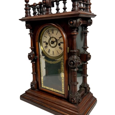 19th Century Antique American Welch Spring & Co 8 Day Gerster Carved Mahogany Table Mantle Strike Clock