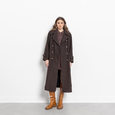 BROWN WOOL COAT Vintage Belted Trench Midi Fall 90's / Small 