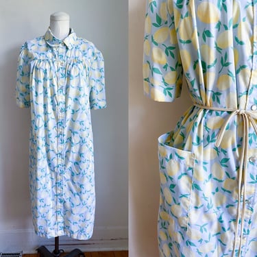 Shipping Delay // Vintage 1990s Lemon Novelty Print House Dress / L-XL 