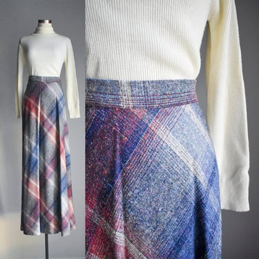 1970s Wool Plaid A Line Maxi Skirt 