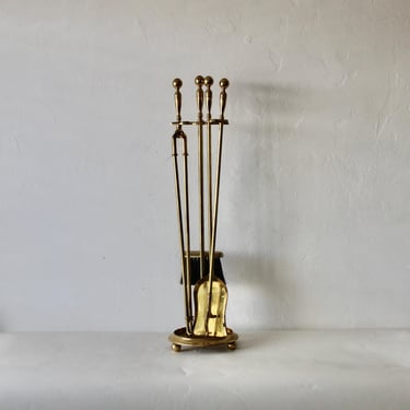 Vintage Japanese Brass Fireplace Tool Set with Stand Mid-Century 