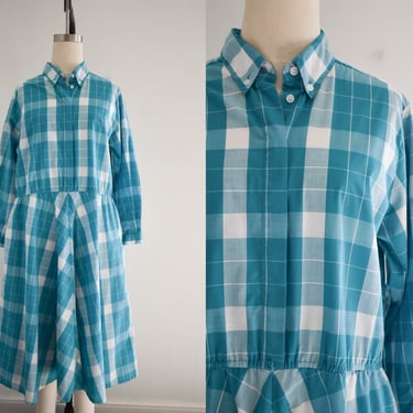 1980s Turquoise and White Plaid Shirt Dress 