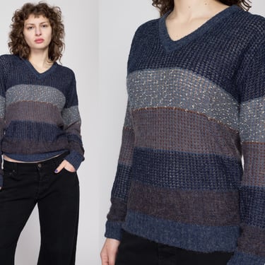 Large 80s Navy Blue Striped Knit Sweater | Vintage Preppy V Neck Slouchy Open Weave Pullover 