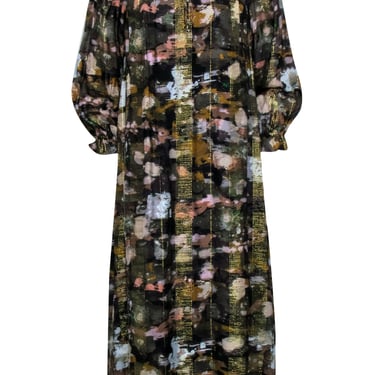 Anthropologie - Brown & Gold Metallic Thread Dress w/ Multi-Color Print Sz S