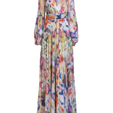 Alexis - Multicolor Print Chiffon Blouson Sleeve Maxi Dress Sz L