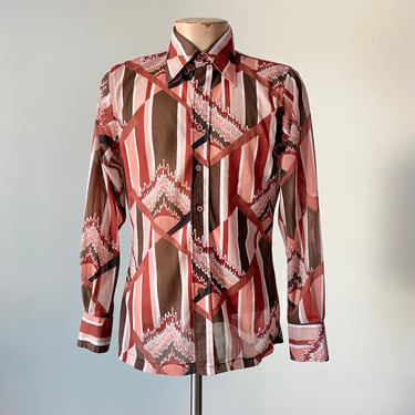 70s Orange Abstract Print Button Down / 1970s All over Print Button Down Shirt / 70s Flaming Sun Blouse / 1970s Mens Disco Top 