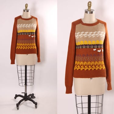 1970s Clay Brown Long Sleeve Novelty Scenic and Sheep Acrylic Knit Pullover Sweater by Chianti -L 