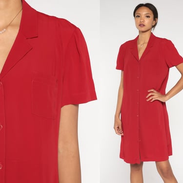 Red Shirt Dress Button Up Dress Y2K Mini ShirtDress Secretary Shift Dress Short Sleeve 00s Plain Casual Simple Vintage Preppy Shift Large 12 