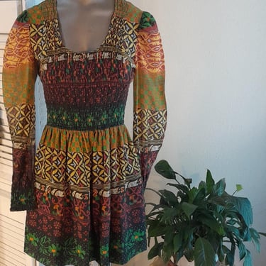 Vintage 60s/70s Mod Mini Dress / Sheer Puff Sleeves / Mixed Print / Boho   S 