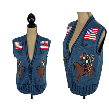 90s Flag Indian Horse - Novelty Knit Sweater Vest M-L | Blue Sleeveless Cardigan, V Neck Button Up Waistcoat, 1990s Clothes Women Vintage 