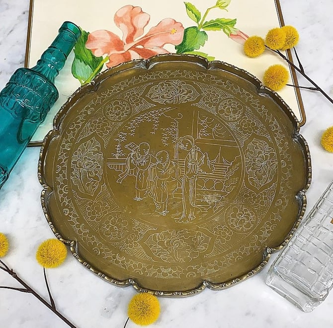 Vintage Brass Tray Retro 1970s Asian + Gold Metal + Etched Design + 14&amp;quot; Diameter + Serving or Display + Barware and Kitchen Decor + China 