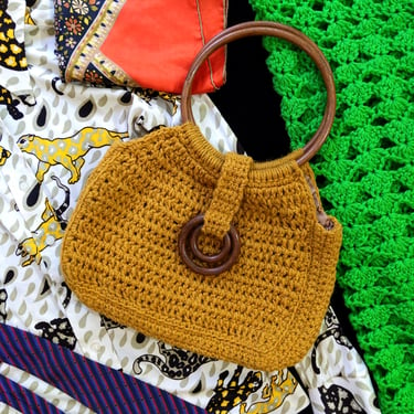 Unique Vintage 60s 70s Mustard Colored Crochet Handbag 