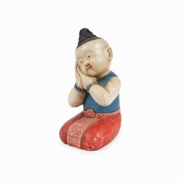 Vintage Wooden Asian Sculpture Buddhist Kneeling Praying Figure Statue Buddha Hand Carved 