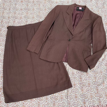 True vintage 1930’s - ‘40s Strawbridge & Clothier ladies skirt suit | peak lapel jacket, chocolate brown triple pinstripe, S/M 