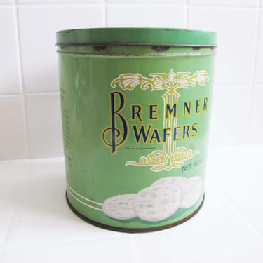 Vintage Bremner Wafers Chicago Metal Tin Can with Lid - Jadeite Green Chippy Farmhouse Shabby Chic Home Decor 