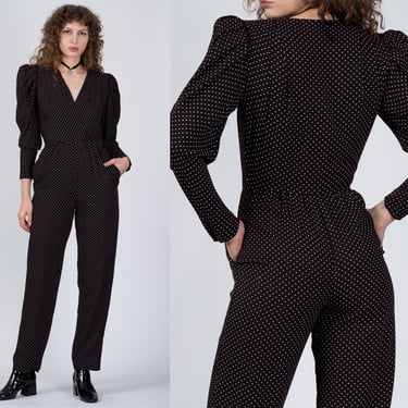 80s Polka Dot Puff Sleeve Jumpsuit - Small | Vintage Black & White V Neck Long Sleeve Wrap Pantsuit 