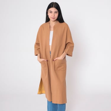 Long Tan Jacket 80s Wool Coat Open Front Trenchcoat Preppy Chic Fall 3/4 Sleeve Cardigan Simple Basic Plain Boho Vintage 1980s Small Medium 