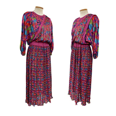 Vtg Vintage 1980s 80s Designer Diane Freis Floral Punchy Jewel Tone Floral Dress 
