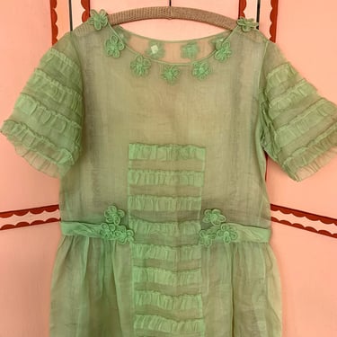 1920s Lime Green Sheer Organdy Ruffle Dress - Size L