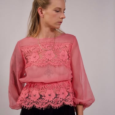 1960s Pink Sheer Blouse 60s Peplum Top Chiffon and Floral Lace Lantern Sleeve Vintage Deadstock Size Small 