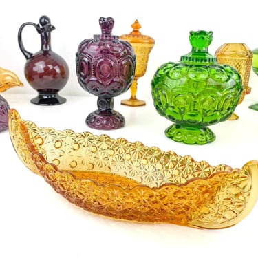 LE Smith Daisy & Button Canoe Dish | Amber Glass | Vintage Glass Decor 