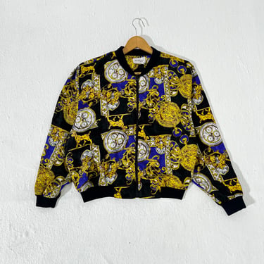 Vintage AOP Yellow/Blue Silk Bomber Jacket Sz. M