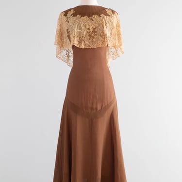 Gorgeous 1920's Bittersweet Cocoa Silk Afternoon Dress With Embroidered Antique Lace / Small