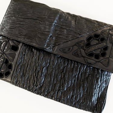 Rare Braccialini Black Leather Fancy Laptop Sleeve / Large Clutch Bag | Designer Purse Tote Clutch Handbag | Italian Designer Made in Italy 