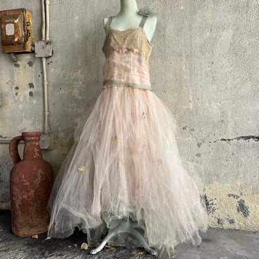Antique 1920s Pink & Green Net Fairy Dress Silk Ribbon Flowers Lace Vintage