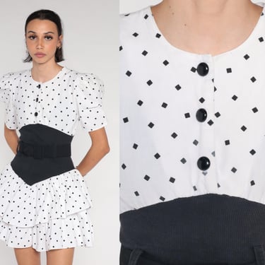 Polka Dot Dress 80s Ruffle Mini Dress Dress White Black Puff Sleeve Tiered Flounce Low Basque Waist Girly Retro Vintage 1980s Extra Small xs 