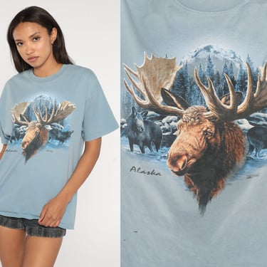 Alaska Moose Shirt Y2K Animal TShirt Blue Wildlife Shirt Vintage Retro Graphic Shirt Screen Print 00s t shirt Mountain Large 
