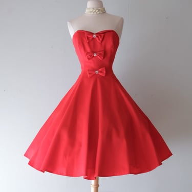 Stunning 1980's Bowties &amp; Rhinestones Nili Marton Cherry Red Party Dress / Sz M