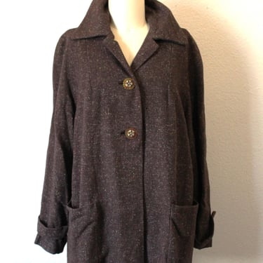 1940s Coat // Vintage 40s Brown Speckled Kerrybrooke Car Coat bucket pockets M/L 