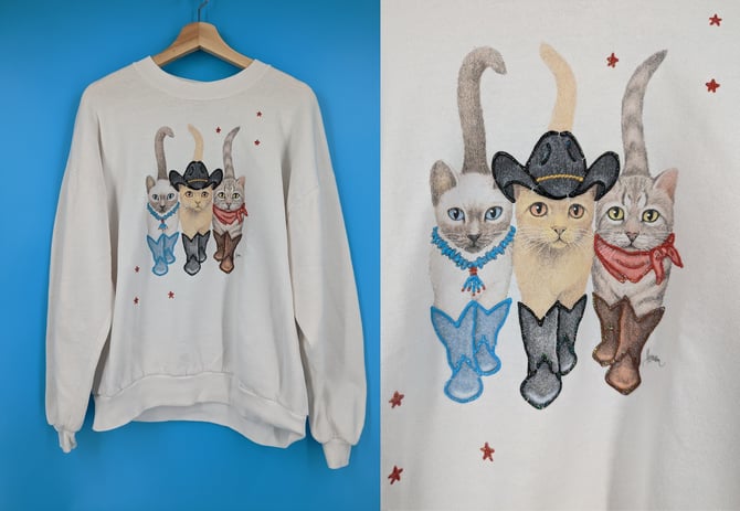 Vintage Cat Big Face Sweatshirt Crewneck Adult Large White