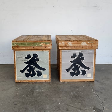 Pair (2) Vintage Antique Japanese Cedar Wood Tea Crates 