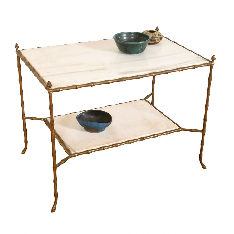 Mid Century Regency Style Marble Two-Level Accent Table with &#8216;Bamboo Style&#8217; Brass Base