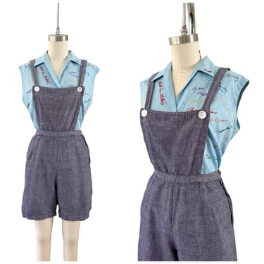 60s does 40s Blue Chambray Cotton Playsuit Jumper / 1940s Vintage Overall Romper / Medium / Size 8 