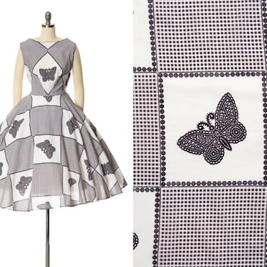 Vintage 1950s 1960s Sundress | 50s 60s Cotton Butterfly Novelty Print Gingham Plaid Checker Circle Skirt Fit Flare Day Dress (small/medium) 